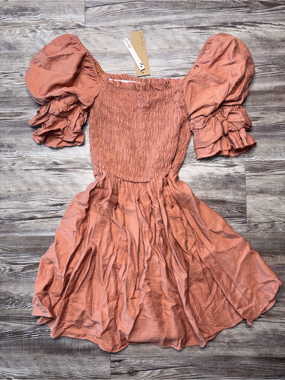 DO+BE Rust Puff-Sleeve Smocked Mini Dress
